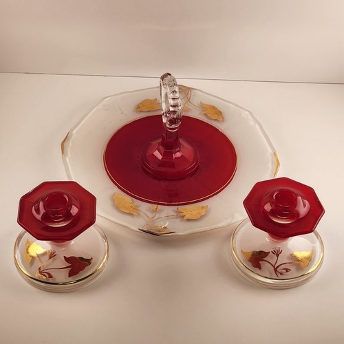 Indiana Glass Moderno Hoja de Oro Bandeja 2 Palitos de Velas Rojo Blanco Reverso - Imagen 2 de 12