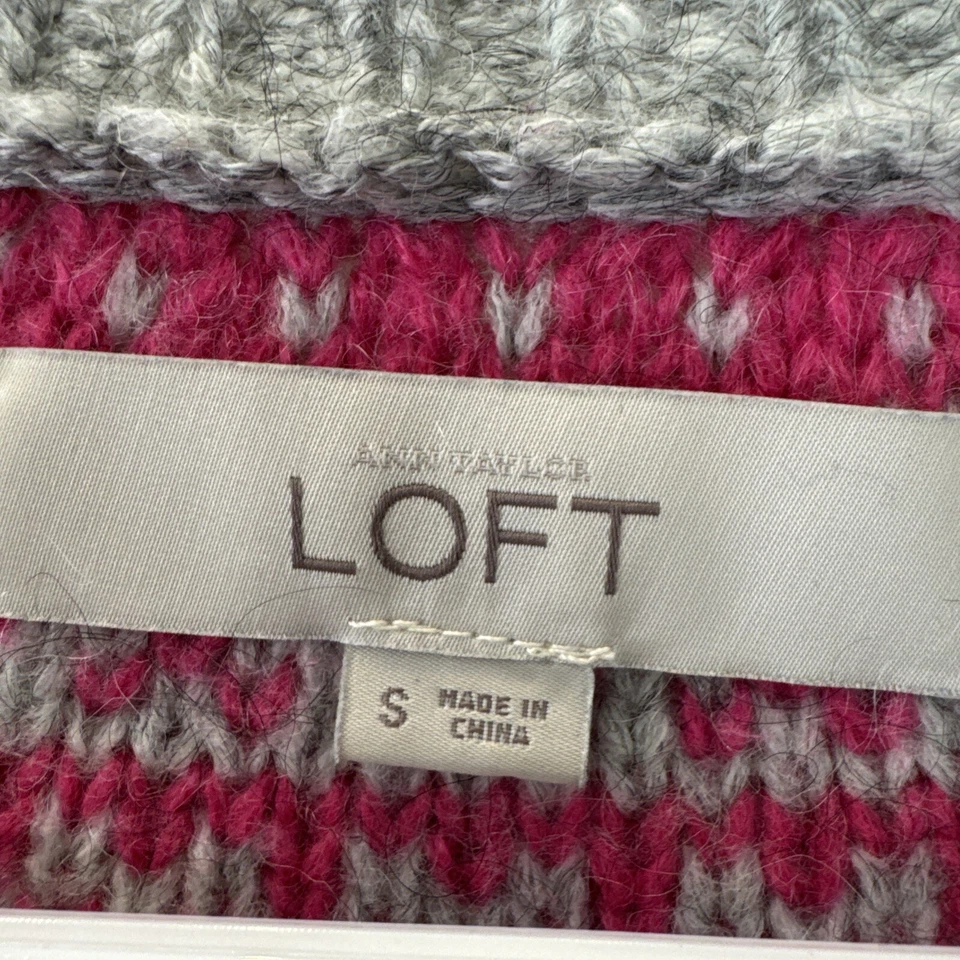 温暖! Ann Taylor Loft 小号 Fair Isle 针织毛衣灰色粉色羊毛马海毛休闲 — 第 3/4 张图片