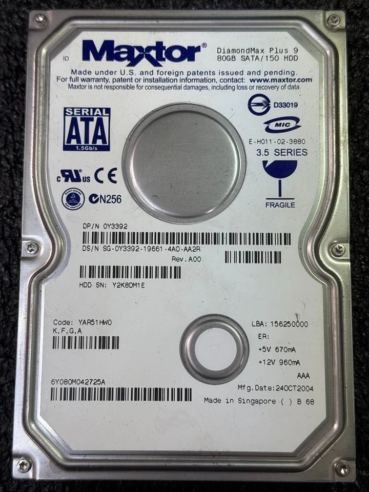 DELL Y3392 6Y080M042725A YAR51HW0 80GB 7.2K RPM 8MB 1.5 Gb/s SATA 3.5" HDD - Image 2 of 4