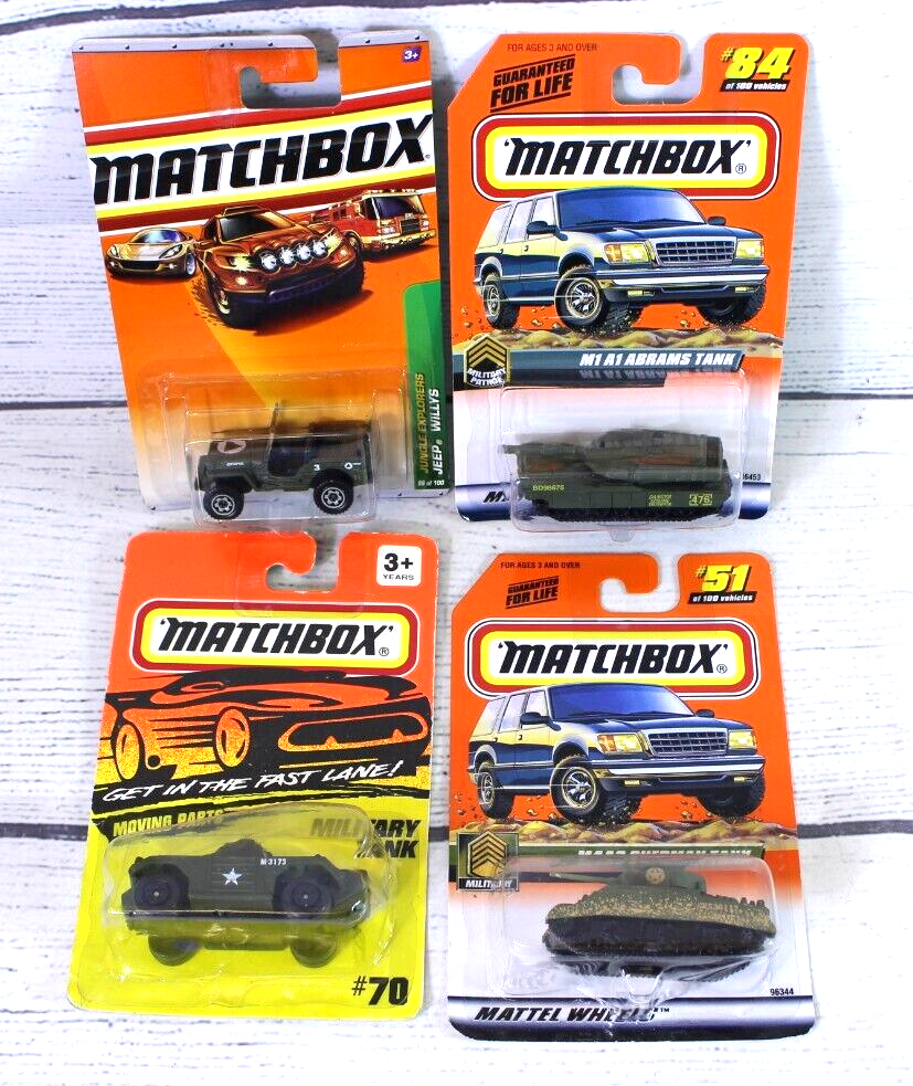 4 Vintage Matchbox Military Vehicle Lot Abrams  Sherman Tanks Willys Jeep