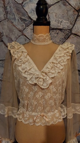 Vintage Gunne Sax Style 1970s Romantic Floral Lace Pearl Embellished Blouse S - Picture 7 of 8