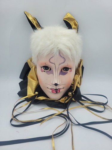 Vintage Brinn Mardi Gras Mask Porcelain Wall Art Hanging Jester Cat - Picture 2 of 6