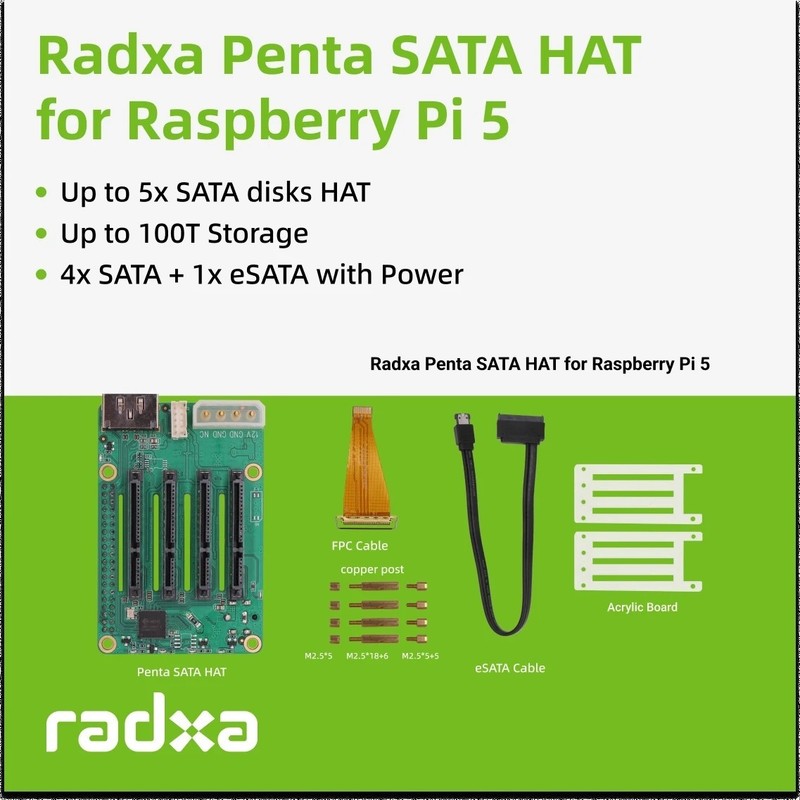 5-Bay SATA Disk HAT for Raspberry Pi 5 & ROCK Pi SBCs 3A 4A 4B 4SE 5x SATA 5A PS