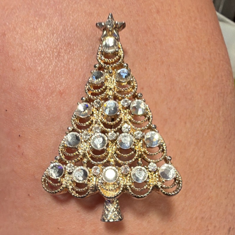 Eisenberg Ice Christmas Tree Brooch Pin Signed Gold/Silver Tone Clear Crystal