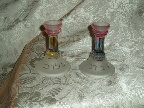 Signed Rueven Glass Shabbat Hand Painted Candle Sticks Hebrew Shabbat Shalom