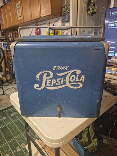 DN •Vintage 1950’s “Drink Pepsi Cola” Blue Metal Cooler With White Lettering