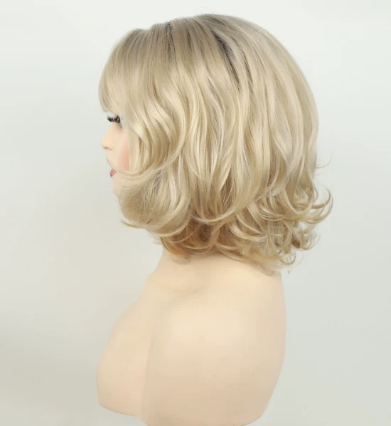 Pelucas cortas Bob rubias naturales onduladas sintéticas mujeres suaves uso diario con flequillo Foto 4 de 4