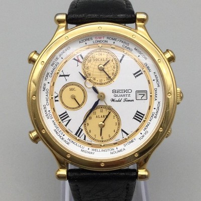 Vintage Seiko World Timer Mens Watch 39mm Gold Tone Alarm Date New