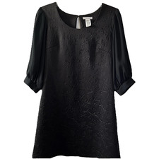 Esley Black Cocktail Mini Dress Size M Floral Raised Print - Puff Chiffon Sleeve