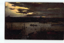 Old Vintage Constantinople Istanbul Turkey Postcard at Twilight Sunset Ships