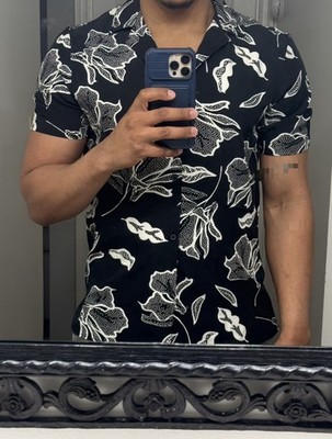 Essex Crossing Men's Stretch Floral Button-Up Shirt Black White Collared M