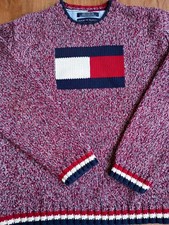 Vtg 90s Tommy Hilfiger Knit Sweater Large Logo Red White Blue Y2K Mens L MINT