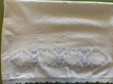 STAMPED Embroidery Pair of Pillowcases Cross Stitch Heart/flowers Lace Standard