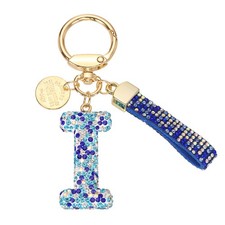Initial Letter Keychain, Gift Bling Letter-I Key Chain for Women, Blue