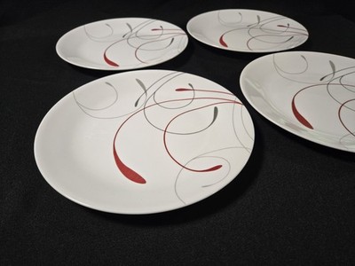 4 Corelle Splendor 10 1/4'' Dinner Plates White with Red & Gray Swirl USA