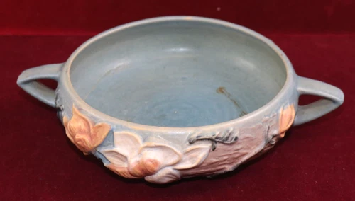 Vintage Roseville Pottery Blue Magnolia Handled Console Bowl 447 6 USA