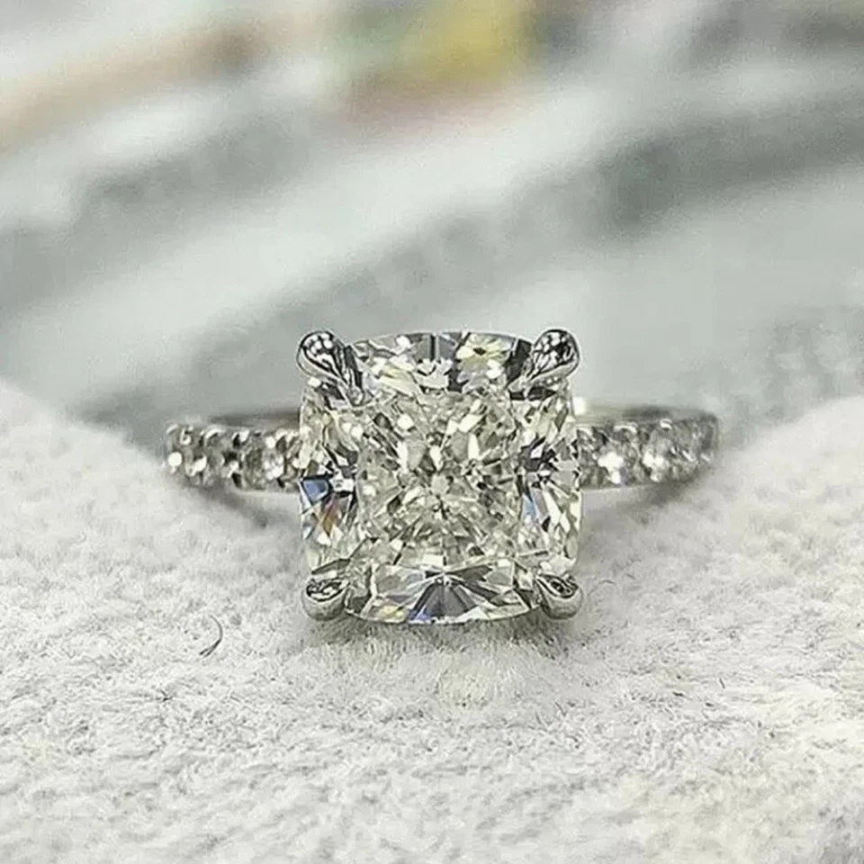 14K White Gold Over Bridal Engagement Ring Set 12.35 Ctw D/FL Cushion Moissanite - Image 3 of 4