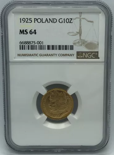 1925 Poland Gold 10 Zlotych NGC MS 64
