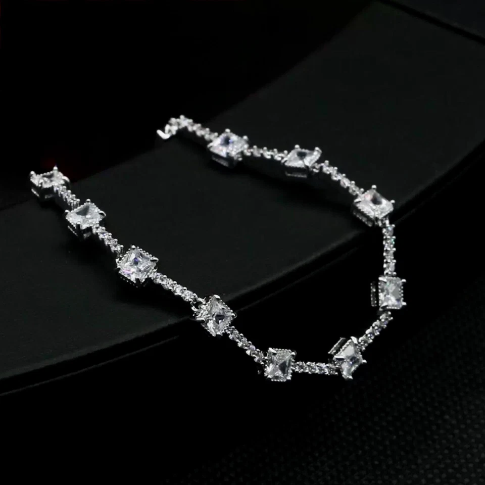 18k Platinum Plated Lab-Created White Sapphire Necklace Earrings Set Gorgeous - Image 3 of 4