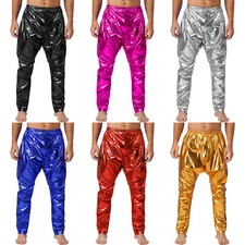 Mens Shiny Metallic Pants Gymnastics Ballet Dance Athletic Harem Pants Sweatpant