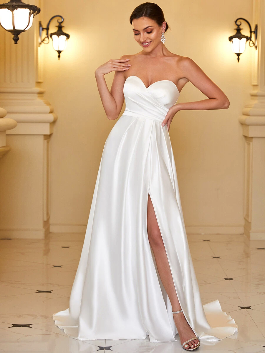 Women's Satin Pleated Sweetheart Sleeveless Front Slit Wedding Dress