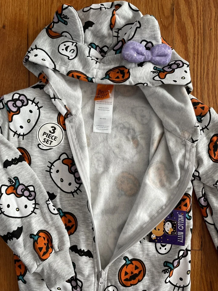 Hello Kitty Girls 3 PC Halloween Pumpkin Outfit Hoodie Pants Top Set Sz. 5 NWT - Image 4 of 4