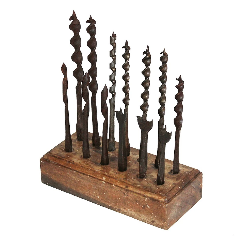 Outil ancien présentoir à mèches de chignole / villebrequin + 13 mèches à bois - Photo 3/4