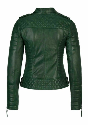 Women's Green Real Leather Quilted Jacket 100% Soft Lambskin Moto Biker Jacket - Picture 2 of 9