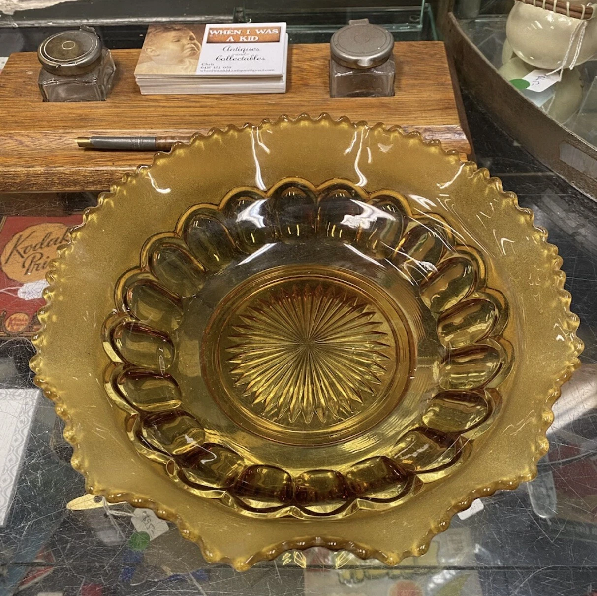 Crown Crystal Glass Co Amber Frosted Thumb Print Master Bowl