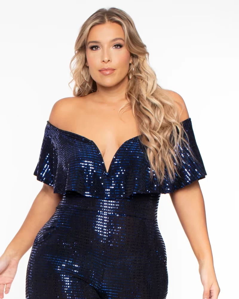 Curvy Sense 4X Serenity Navy Blue Sequin Frill Jumpsuit Black w/ Pockets