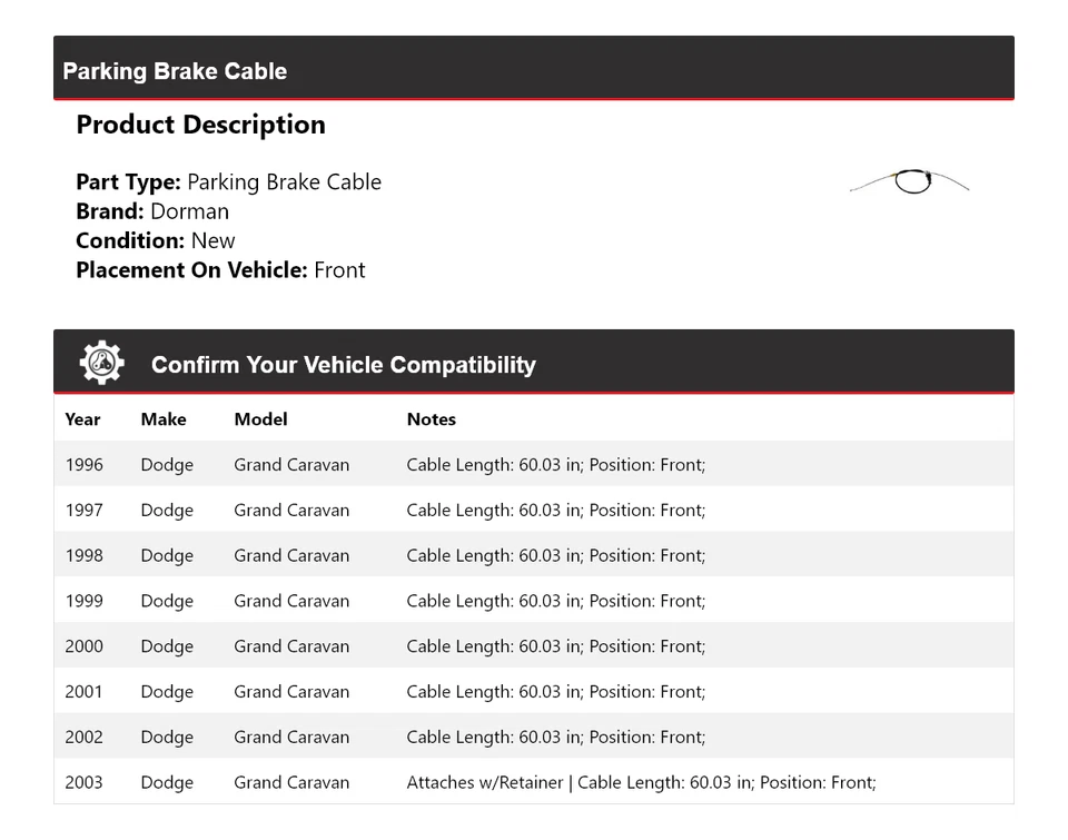 Cable de freno de estacionamiento delantero 1997 1998 para Dodge Grand Caravan Dorman 1996-2003 Foto 2 de 4