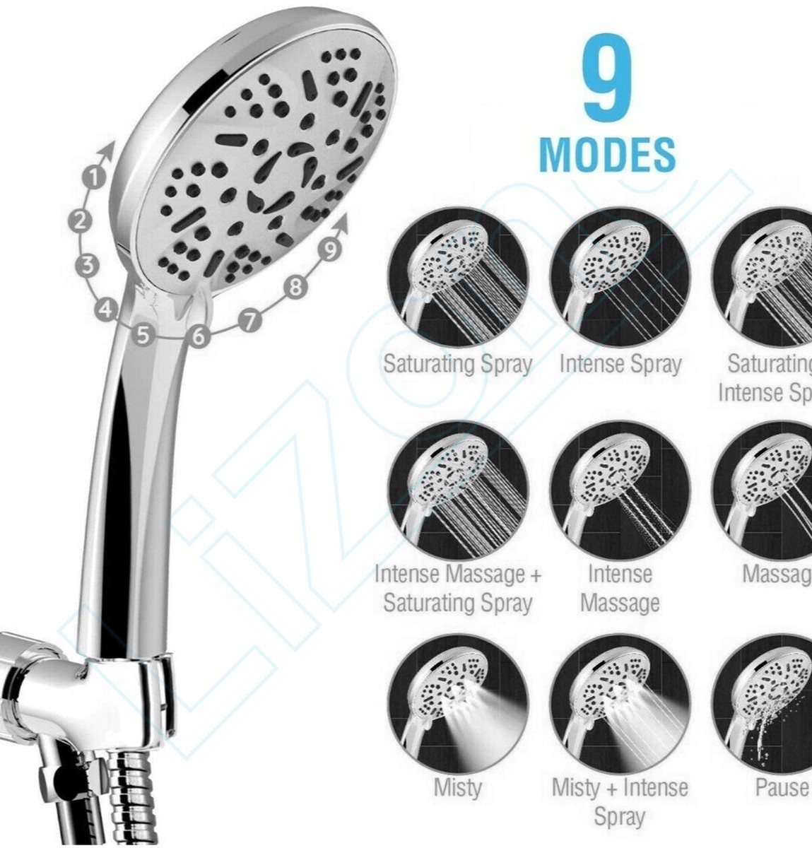 High Pressure 9-Settings Shower Head Handheld Bathroom Shower