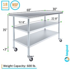 60" Long X 30" Deep Stainless Steel Work Table with 2 Shelves | Metal Prep Table