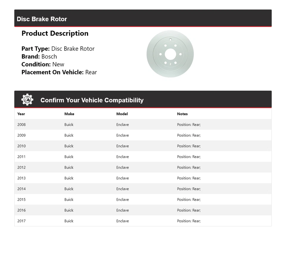 适用于 2008 - 2017 年别克 Enclave Bosch QuietCast 盘式制动转子 2009 年后 2010 2011 — 第 2/4 张图片