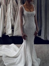 Retro Mermaid Wedding Dresses Square Neck Long Sleeves Sequin Beaded Bridal Gown