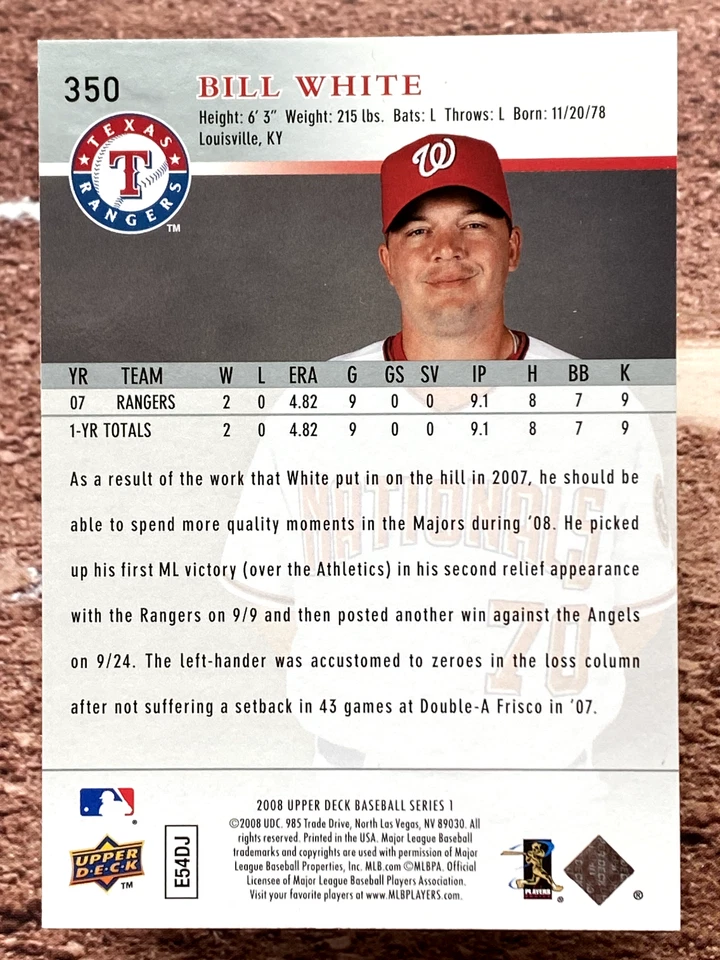 2008 Upper Deck Bill White #350 Texas Rangers - Image 2 of 2