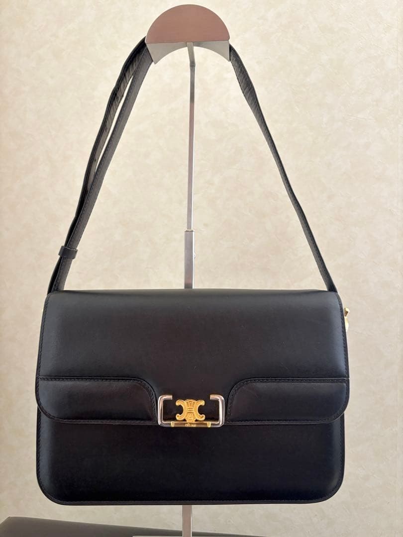 Black Cowhide Leather CELINE Triomphe Shoulder Bag Gold Hardware Vintage