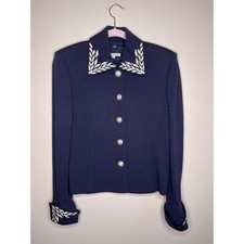 St. John Navy Blue White Glam Sparkles Old Money Santana Knit Collared Blazer S