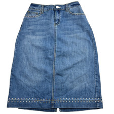 Christopher Banks Womens Denim Skirt Size 4 Blue Stretch Studded Midi