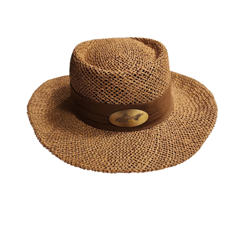 Sombrero de Paja Greg Norman Signature Banda Marrón Latón Logo Tiburón Estilo Panamá OSFM Foto 2 de 4