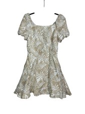 Loft Women 2 Linen Blend Dress Tan White Tropical Print Fit & Flare Beach Lined