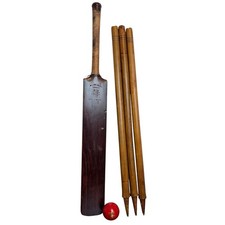 VTG Antique Cricket Set English Willow Bat Hand Made Tower Brand w/ Ball Stumps