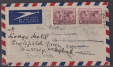 Australia 1946  - 3s Airmail Hermes x 2 Airmail St Albans to Surrey UK Redirecte