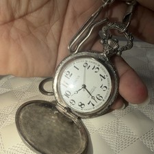 Geneva Silver Tone Full Hunter Pocket Watch w/ Chain, White Dial, Arabic, Quartz