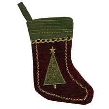 5" Holiday Christmas Stocking Red Tree Embroidered Gold Trim Hanging Loop