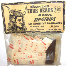 VINTAGE 1950s INDIAN CHIEF FOUR BEARS ADHESIVE BANDAGES! UNOPENED! ZIP-STRIPS!