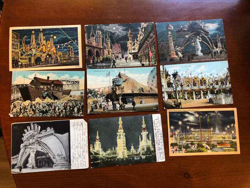 EIGHT VINTAGE CONEY ISLAND POSTCARDS INCL LUNA PARK, DREAMLAND, STEEPLECHASE