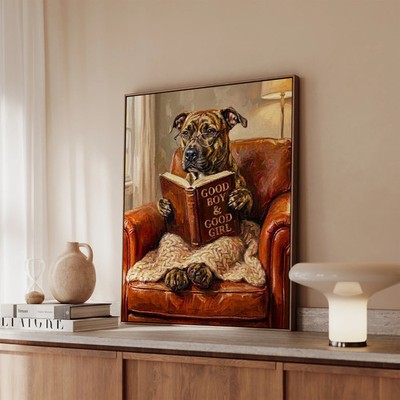 ''Evening Read'' - Pit Bull Vertical Framed Canvas - Dog Lover Wall Art