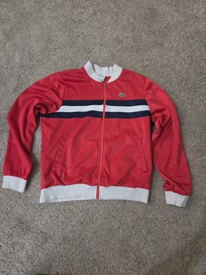 Lacoste Track Jacket Women 44  Red Full Zip Striped Sport Bomber Logo