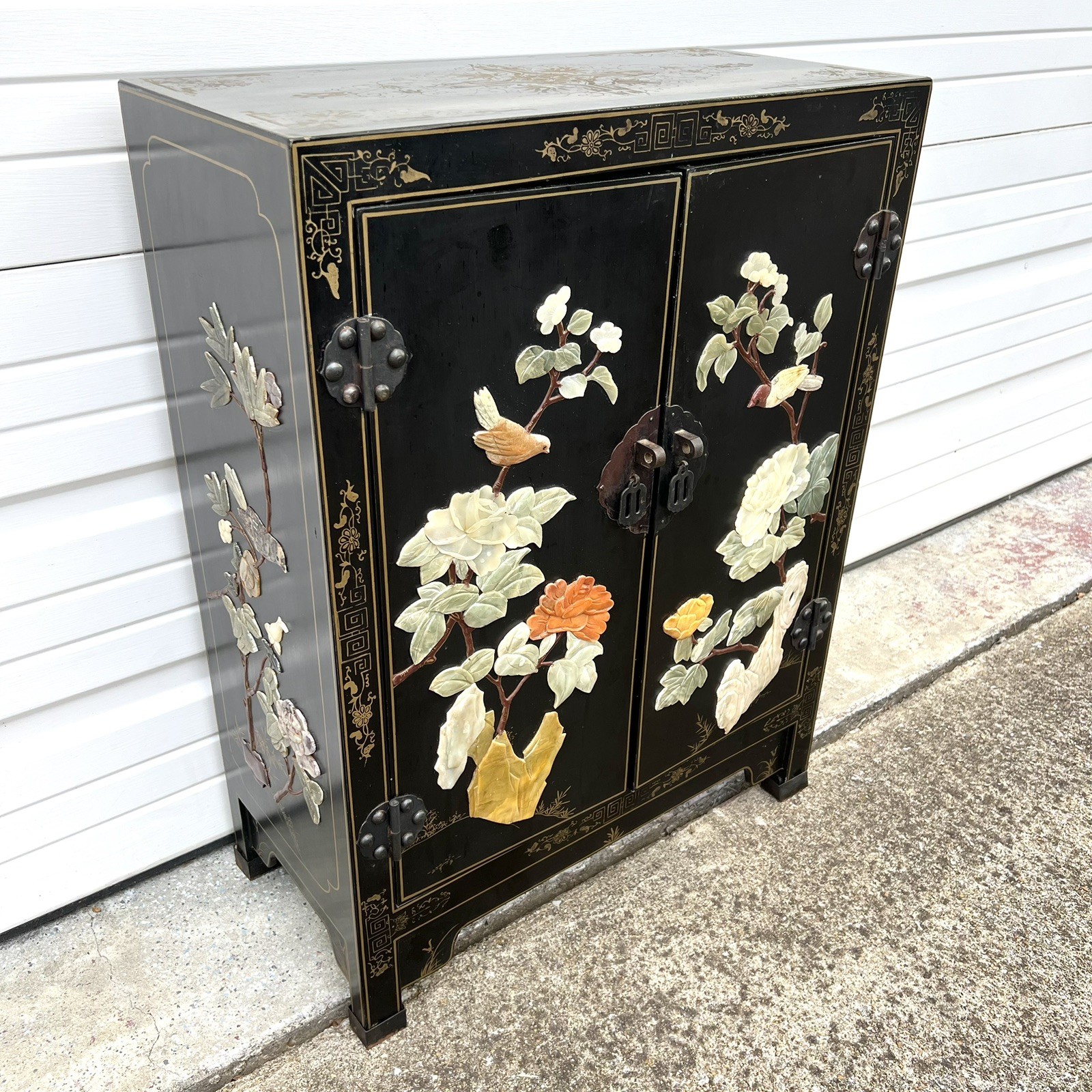 Chinese Black Lacquer Gold Hand Painted Cabinet Stone Relief Bird Flower MCM SEE